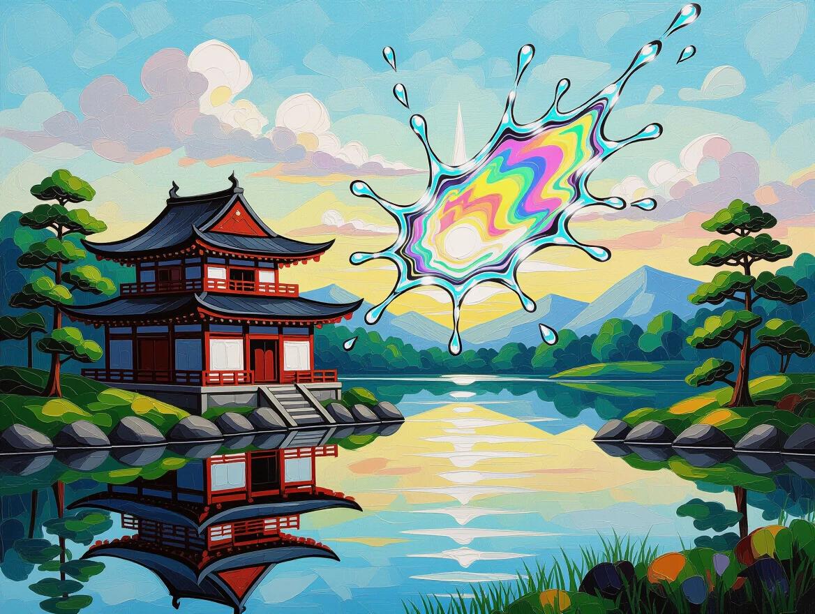 Impasto oil painting features traditional architecture in a peaceful setting. A holographic liquid chrome splash disrupts the landscape. The artwork uses Y2K aesthetic elements and is hyperdetailed.