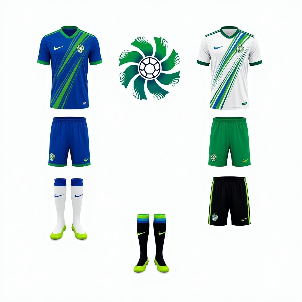 Energia București football club kits display. Home kit is blue with green wave patterns. Away kit is white with blue, green stripes. Third kit is black with neon blue, green accents. Kits arranged with crest in center. Stylish and modern design representing sustainability. Bright colors and clear details.