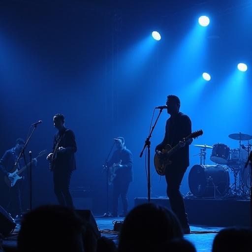 Live band performing on stage during a concert. The scene is illuminated by blue stage lights. Musicians are in silhouette, creating a dramatic effect.