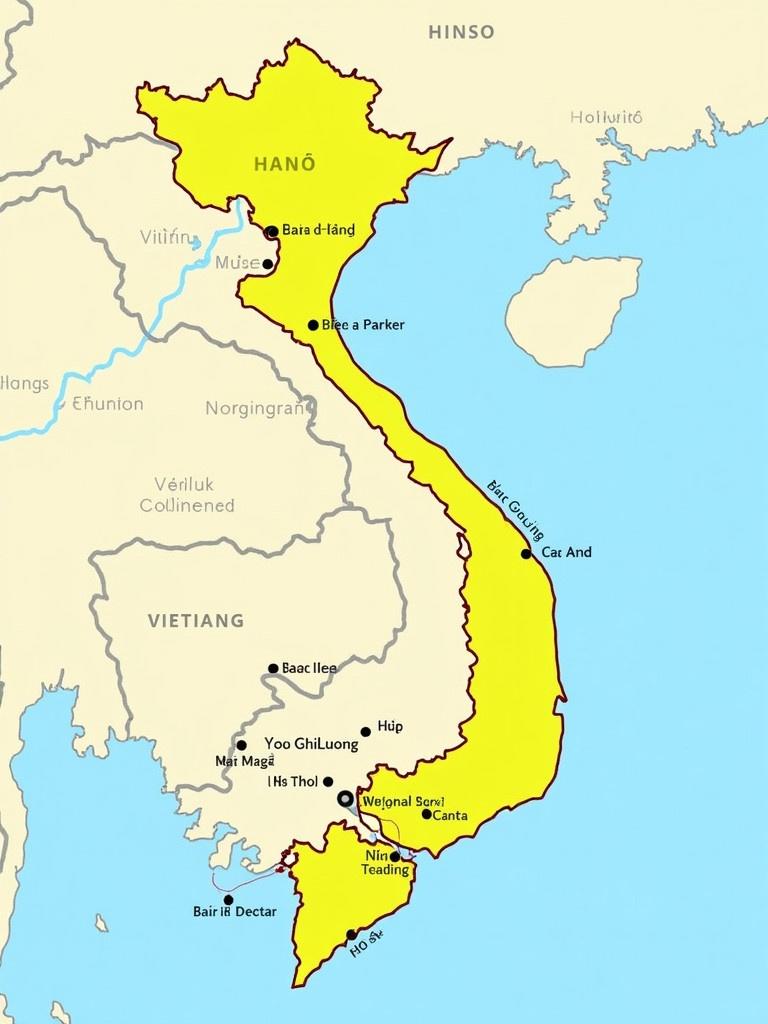 Tourist map of Vietnam highlights major destinations. Includes Hanoï, Baie d’Halong, Sapa, Ha Giang, Cao Bang, Bac Kan, Son La, Yen Bai, Tuyen Quang, Pu Luong, Mai Chau, Hoi An, Hue, Da Nang, Ho Chi Minh-Ville, Can Tho, Ben Tre, Chau Doc, Phu Quoc, Nha Trang. Displays bordering countries with capitals, adjacent seas and oceans, and the Mekong River.