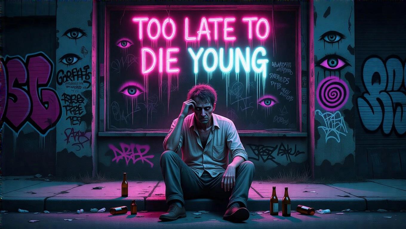 Hyperrealistic illustration of urban psychological horror. Disheveled man sits on sidewalk in front of graffitied building. Neon sign says 'TOO LATE TO DIE YOUNG'. Eerie reflections on his face. Wall covered in disturbing graffiti. Man wears wrinkled shirt, looks haunted, hand to temple. Empty bottles scattered around. Moody lighting enhances oppressive atmosphere. Themes of despair and isolation explored.