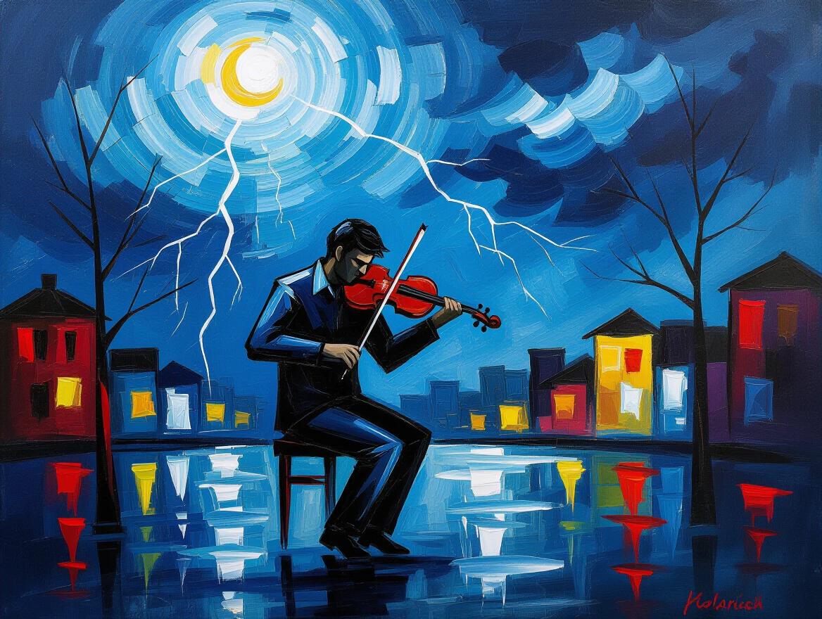 An emotional expressionist painting shows a lone violinist playing under a stormy sky. The figure is silhouetted by flashes of lightning. Brushstrokes are wild and exaggerated conveying intense music and a storm. Dominant colors include deep indigos electric blues and blood-red. The figure is hunched emphasizing sorrow and passion. Background contains abstract buildings warped trees and distorted clouds indicating chaos. Low angle view enhances the performance against nature with thick textures and expressive lighting.