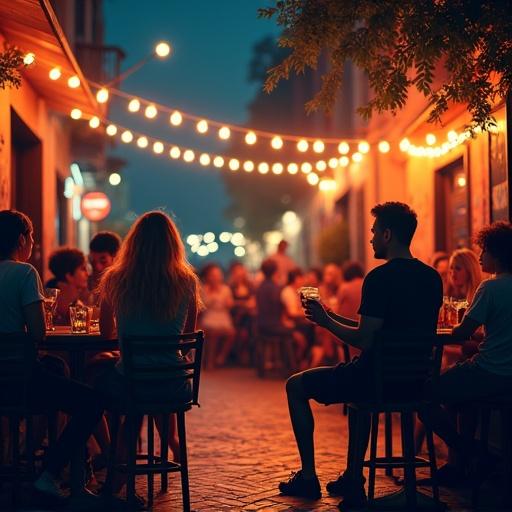 An informal party invitation with Luiza & Lucas celebrating birthdays. Background features people at tables and others standing, all enjoying drinks at a vibrant street bar at night. Foreground details include text about the event location and time.