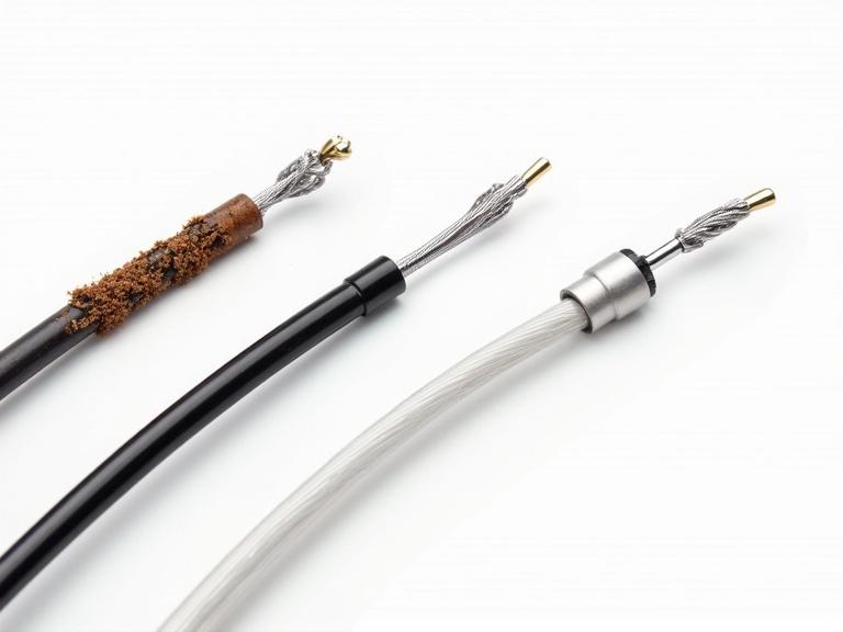 Split-frame comparison of damaged and new spiral cables. Left side shows a damaged cable with rust and cuts. Right side features a new KMC T8 cable, glossy finish on a white background. Technical illustration style is used.