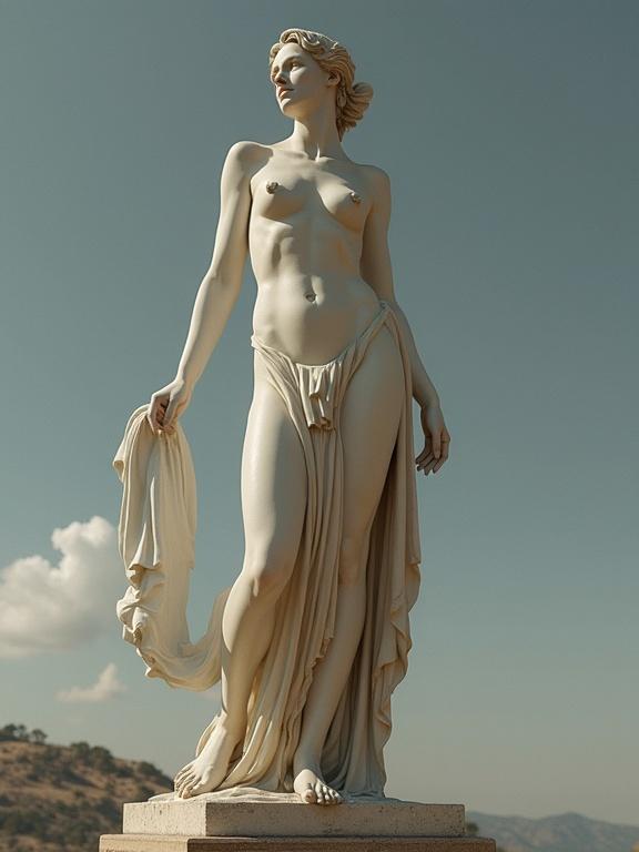 Statue of a female figure resembling classical art. Realistic details and natural colors. Clear sky background. Elegant pose with draped fabric.
