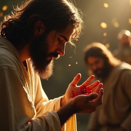 Jesus kneeling with compassion. Holding blood in hands. Hyper-realistic details with droplets falling. Soft midday light highlights profile. Emphasis on beard texture and transparency of droplets. Selective focus on soldier with wet eyes. Golden pollen in angled light rays.