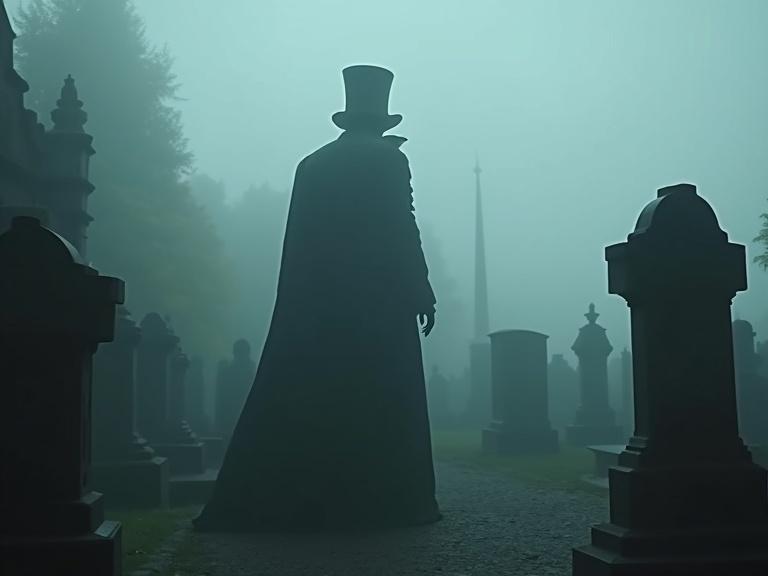 Tall shadowy figure in top hat with razored fingers emerges from fog in Greyfriars Kirkyard. Gravestones cracking. Cinematic horror atmosphere created in a photorealistic style. Distant perspective.