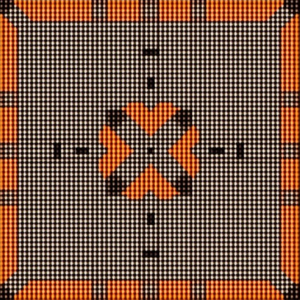 The image features a pixelated design with a central black pattern set against a gray background and surrounded by vibrant orange borders. The pattern includes an 'X' shape intertwined with floral-like elements, creating a unique and eye-catching symmetrical design. This pixel art displays a retro aesthetic commonly found in video games. The overall tone is vibrant yet balanced, making it suitable for various applications, particularly in digital art and gaming. Its bold colors would stand out in marketing materials or merchandise.