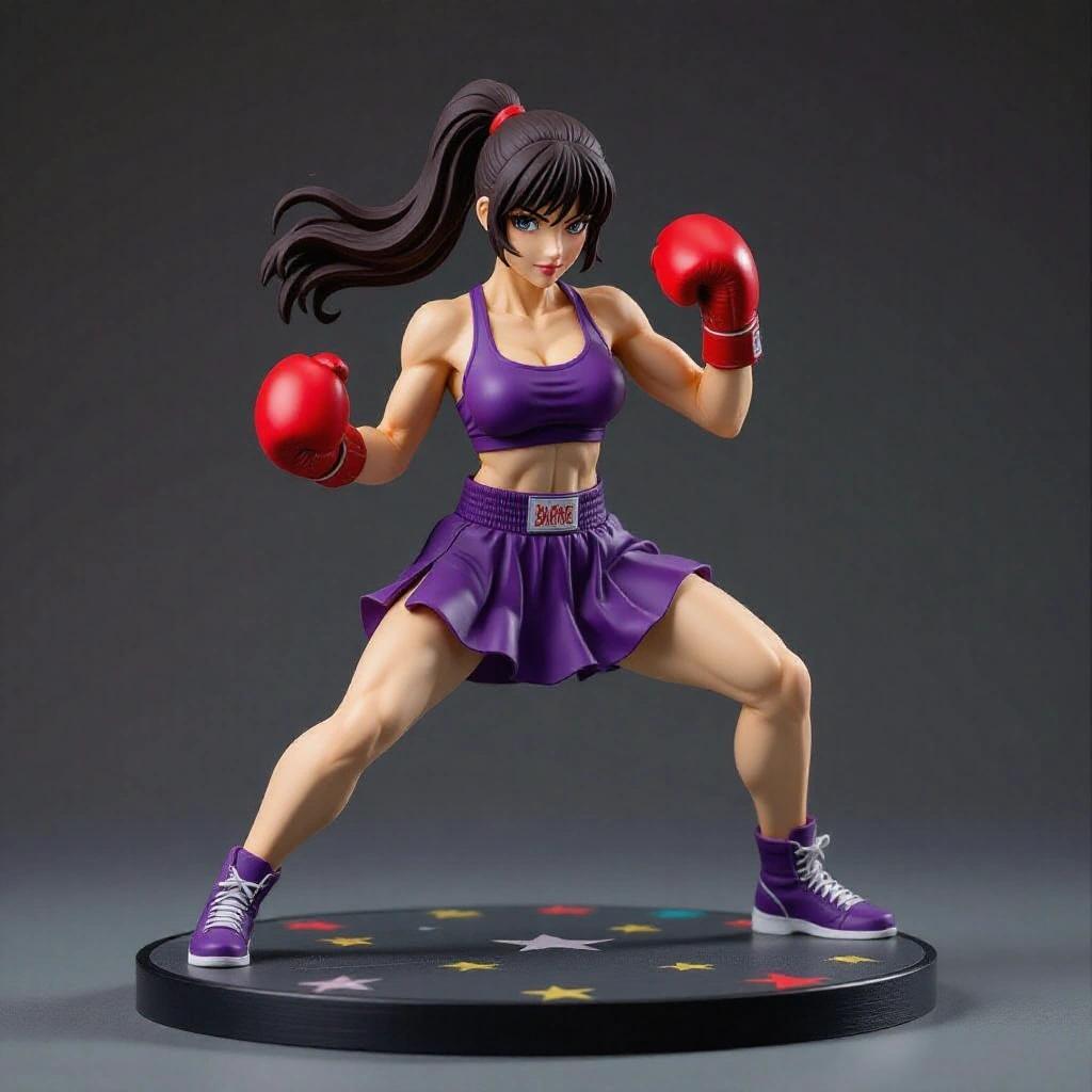 Female resin figure designed for the anime universe. Confident and charming expression on a young woman. In a dynamic fighting pose with one arm extended. Dressed in tight purple sportswear and red boxing gloves. Long hair in motion. Elegant base with star decorations. Non-realistic and non-aggressive aesthetic.