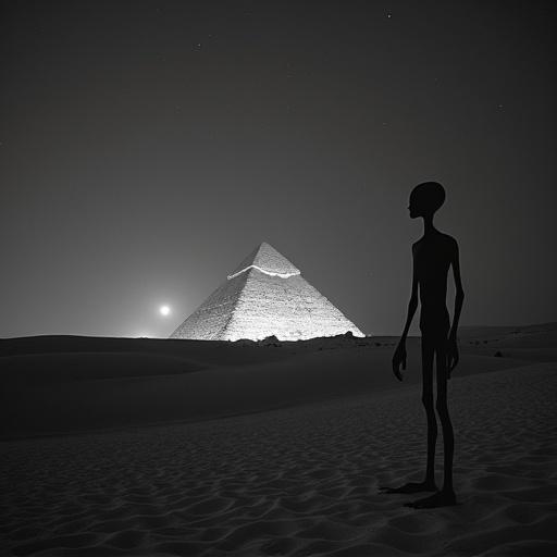 Nighttime photograph featuring a thin, non-human creature in a desert. Great Pyramids of Giza illuminated in the background. Creature has long limbs and tall stature. Black and white film grain style with natural lighting.