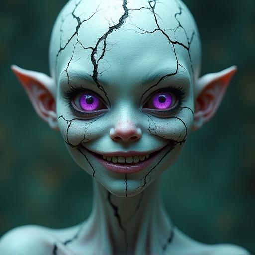 Digital art piece shows fantasy figure with cracked and distorted face and body. Pale skin with deep teal cracks. Intense purple eyes. Wide sly grin contrasts with pale skin. Dark magical style with focus on texture. Background has mixed tones. Soft diffused lighting highlights textures. Close-up composition evokes intimacy and unease. Dark surreal mood with horror elements.