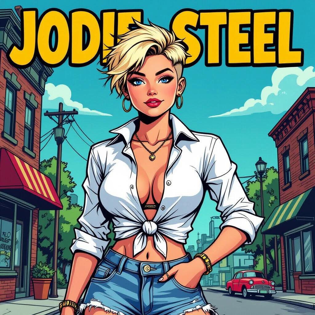 Comic-style illustration of a confident young woman named Jodie Steel. Jodie has bright blue eyes and tousled straw-blonde hair. She wears an unbuttoned white shirt knotted at the waist. Jodie has on faded ripped shorts and black motorcycle boots. She sits on a dirt bike, gazing into the distance with an energetic look.