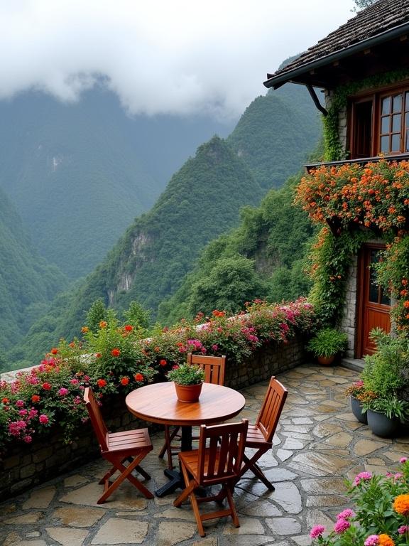 Stone terrace overlooking lush mountains surrounded by colorful flowers. A round wooden table with four matching chairs sits at the center. The sky is cloudy and misty, adding a serene ambiance.