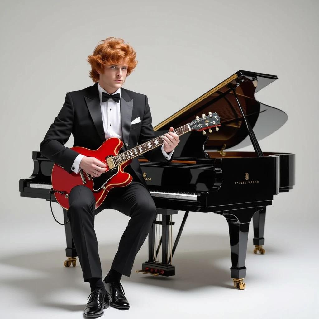 rock musician with red hair wearing a tuxedo sitting at a grand piano holding a red guitar