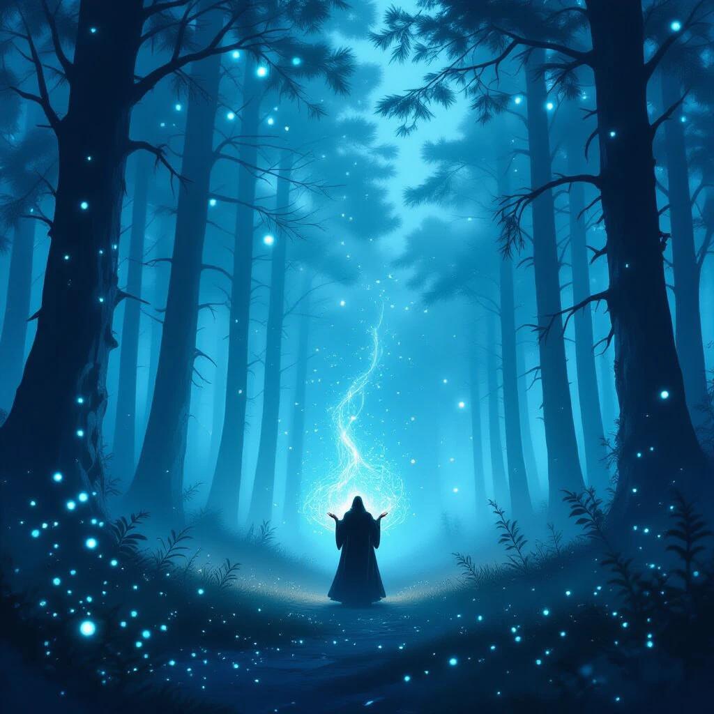 Mystical forest at twilight. Floating magical particles shimmer in the air. Particles glow in shades of aqua and silver. Tall, foggy silhouettes of trees frame the scene. Gentle light sparkles in the air. Robed figure stands in the distance, casting a spell. Hands surrounded by delicate light trails and glowing runes. Dreamlike and serene mood.