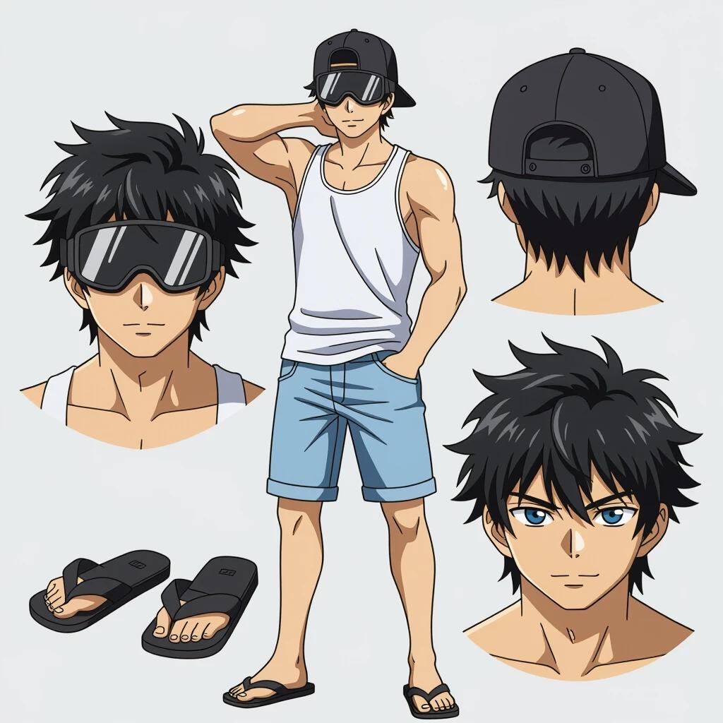 Stylized anime character with athletic build and messy black hair. Wears white tank top and light blue denim shorts. Black flip-flops and black backwards cap. Ski goggles over eyes. Relaxed pose with hand on neck. Confident calm expression with hint of mysterious smile. Clean and detailed anime style with modern design influences. Hidden darkness beneath cool vibe.