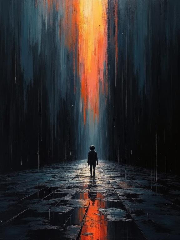 A digital oil painting with severe paint strokes. The background is completely black with cubism elements. Features flat colors and a unique silhouette design. Includes shifting voids of color and shadows revealed by layers of futurist rain. The floor is fractured and transparent, disintegrating into invisibility.