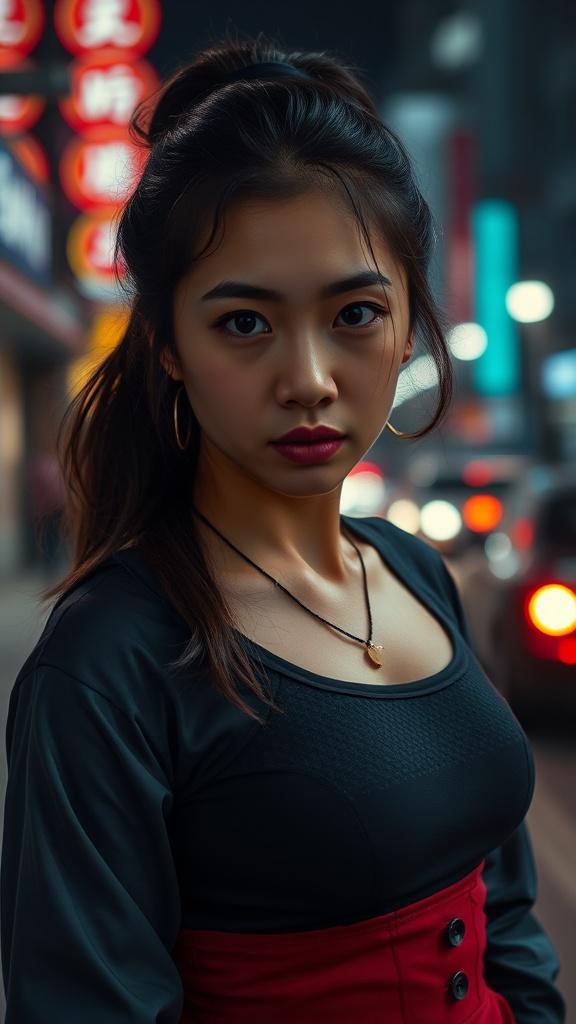 A young woman stands confidently amidst the glow of urban nightlife. Her expression is focused and intense, framed by the vibrant city lights and colorful signs that blur into a bokeh effect in the background. The contrast between her dark attire and the bright backdrop highlights her presence within the bustling city environment.