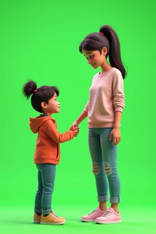 Realistic 3D animation of a child holding their mother's hand on a green background. Mother dressed in modern casual clothes with a happy expression. Child has cheerful clothing, standing confidently. Multiple views included.