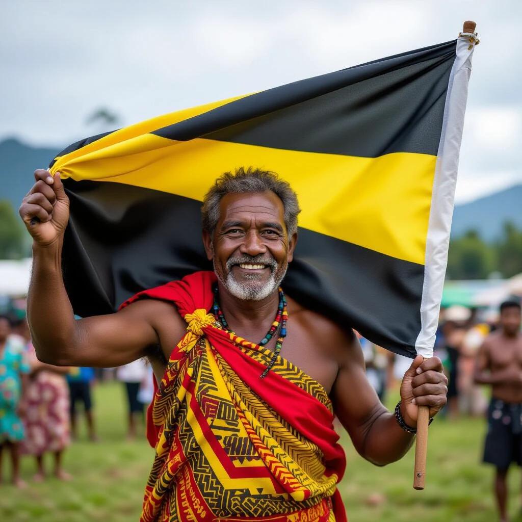 A man from Papua New Guinea proudly holding the Papua New Guinea flag. He is wearing traditional clothing with vibrant patterns. The scene is set outdoors with a visible crowd in the background.