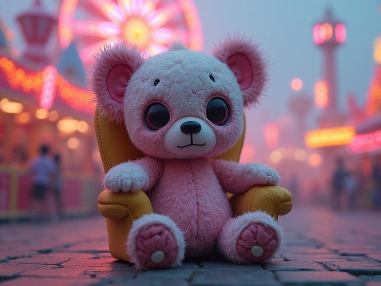 A plush teddy bear sits in a yellow chair. Background features carnival rides and pastel fog. Neon lights glow softly. Bear has stitched textures and mismatched eyes. The scene has a whimsical and uncanny charm. Great for toy designs or children's illustrations.