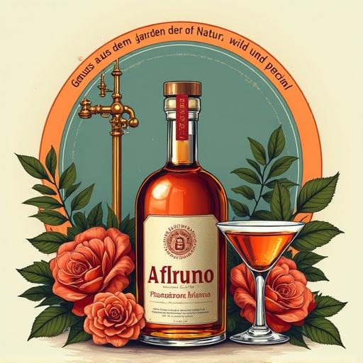 Stylized advertisement with vintage aesthetic. Copper distillation apparatus in a circular illustration at the top. Background features teal and orange gradient. Text reads 'Genuss aus dem Garten der Natur - wild und besonders' in bold maroon font. Central foreground features lower apothecary-style bottle of 'Alfruno' with classic label. Two cocktail glasses filled with amber liquid beside the bottle. Surrounded by vibrant roses and green foliage. Warm tones of orange green and maroon create visual appeal.