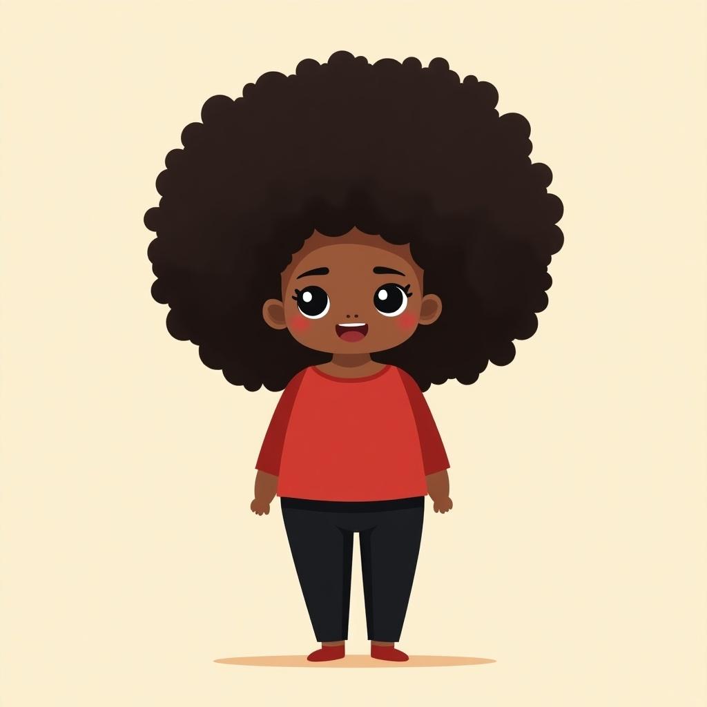 Chibi style illustration of a Black girl with a big puffy afro. She wears a red shirt and black pants. The girl's expression is happy and cheerful. Soft light and simple background enhance her features.