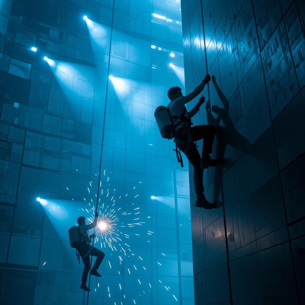 Two climbers navigate a vertical wall in a dystopian setting. One climber fights while the other ascends. Sparks fly from their actions. Blue lighting bathes the scene creating an industrial atmosphere.