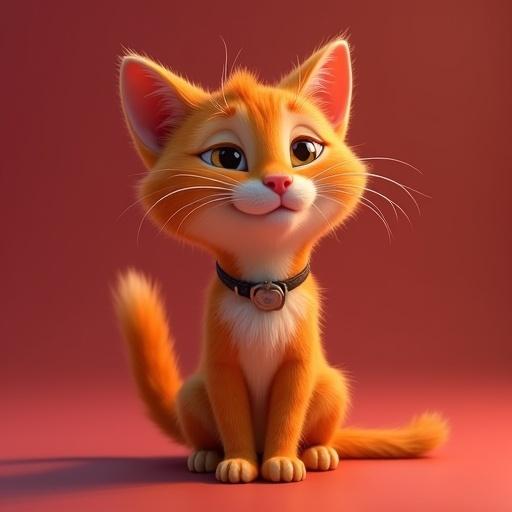 A cute orange cat in a Pixar style. The cat is sitting and smiling. It has a collar and a fluffy tail. The background is a soft color.