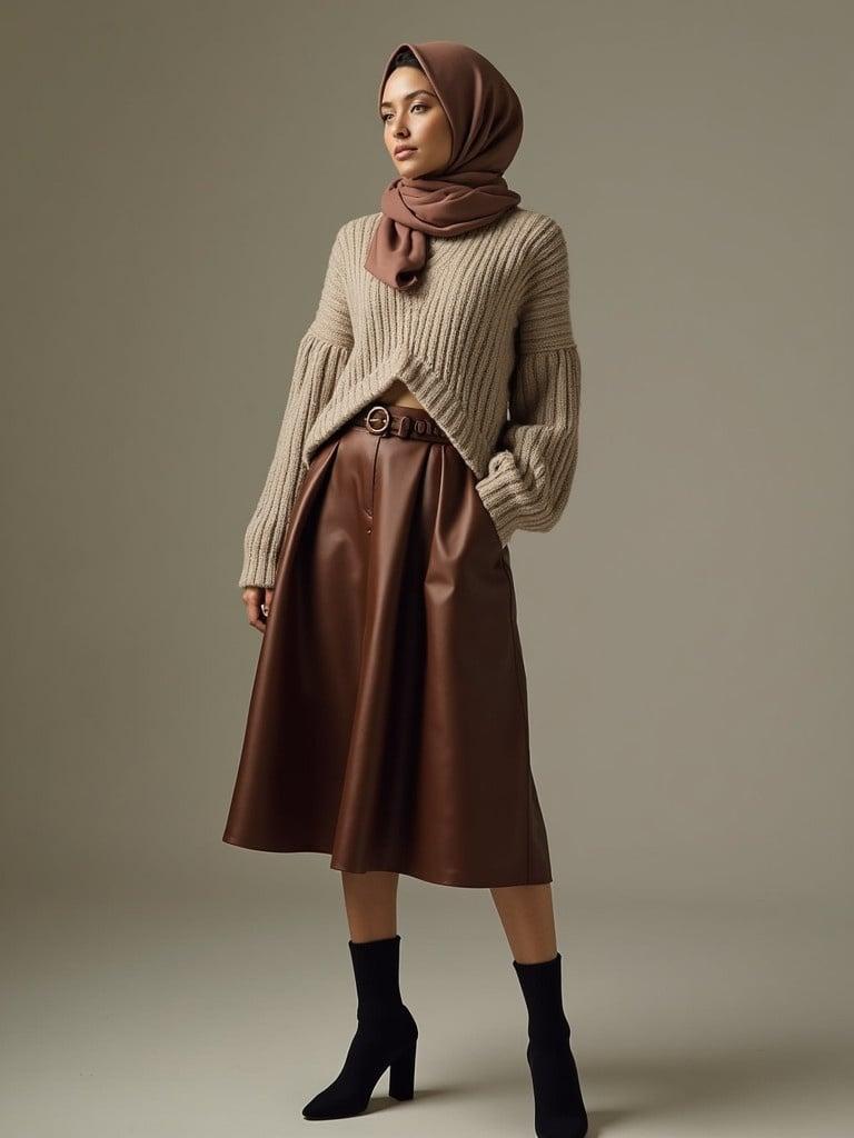 Woman stands confidently showcasing a fashionable outfit. She wears a beige loose sweater paired with a brown satin skirt. The look is complemented by a matching hijab and trendy sock boots. Fashionable and modern aesthetic.