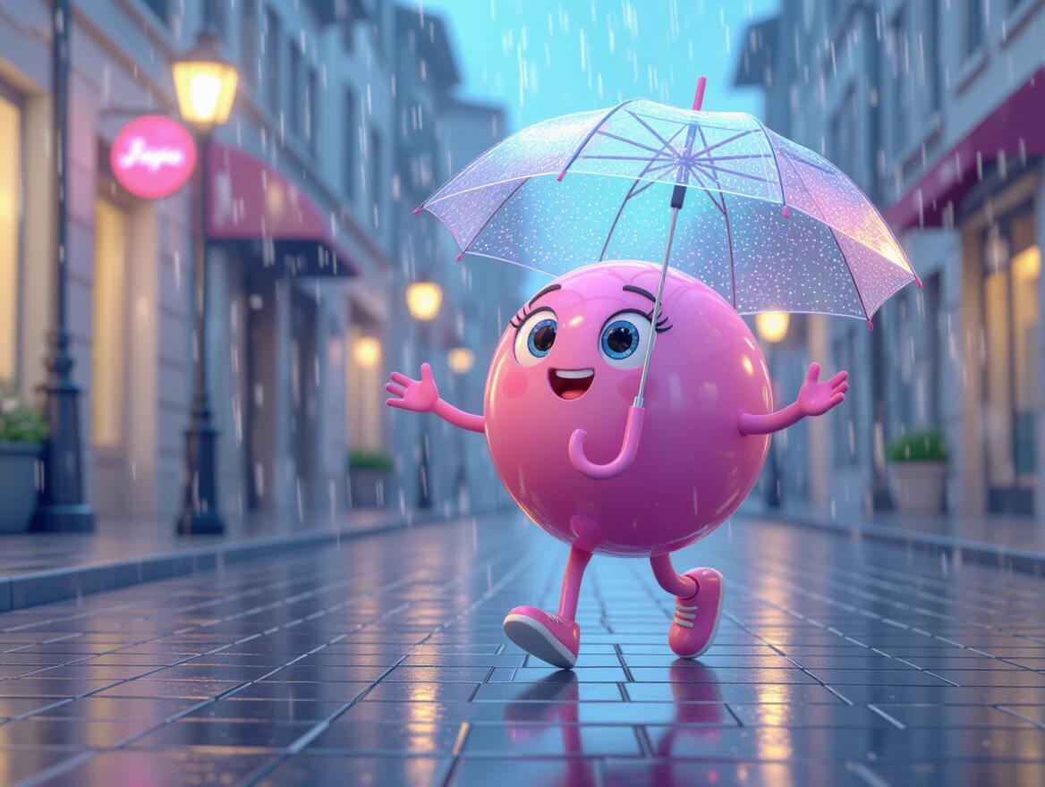 3D happy pink gumball character uses an umbrella on a rainy day. The character is swinging a free arm in joy. The scene has an ethereal feel with reflections on the ground.