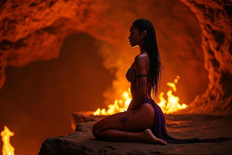Within a glowing lava cavern, Lira kneels before a flame altar. Firelight illuminates her tattoos and silhouette. She has dark red skin with maroon stripes and wears a beaded net top and purple loincloth. The atmosphere is mystical and enchanting.