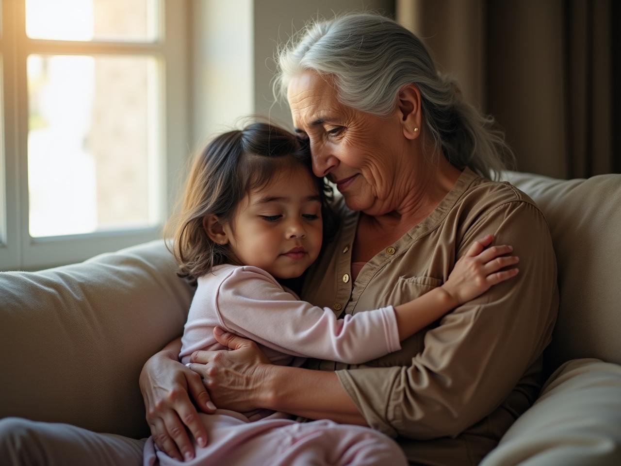 A tender moment is captured between a woman and a child as they sit on a sofa by a window. The grandmother hugs her granddaughter affectionately, showcasing a deep connection. The soft light filtering through the window creates a serene atmosphere. Their expressions convey a sense of peace and security, symbolizing care. This comforting embrace highlights the warmth of family relationships. The overall scene evokes feelings of love and warmth, perfect for families.