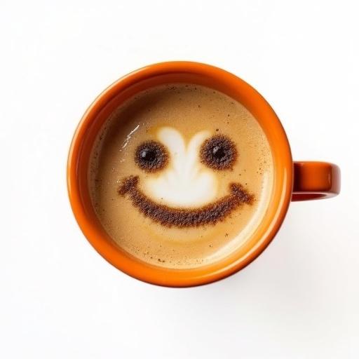 Mug filled with coffee showing a smiley face made of foam. Orange cup placed on white background