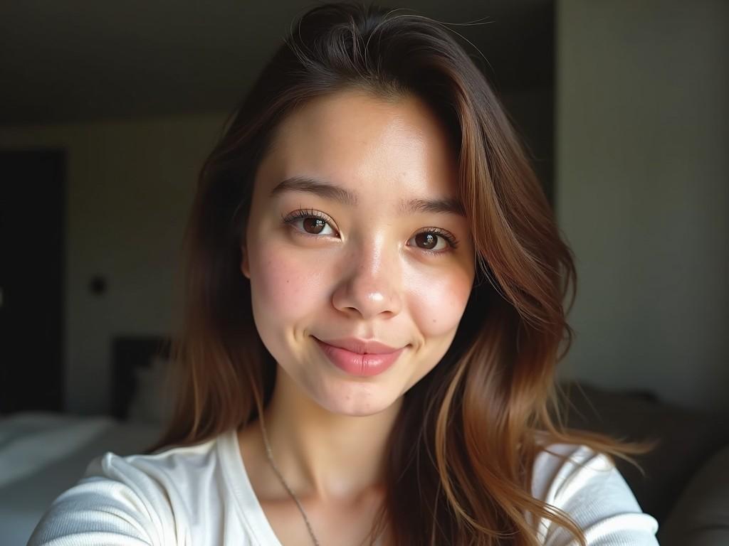 An extremely realistic selfie of a young woman, appearing around 21 years old. She is looking directly into the camera with a neutral expression and relaxed features. The background is soft-focused and dull, emphasizing her face. The high-resolution image showcases detailed skin texture and utilizes natural lighting to highlight her features. Her eyes are realistic without glare, encapsulating the simplicity of everyday life. This hyper-detailed image looks like a casual amateur Snapchat picture, produced in 4K UHD photography.