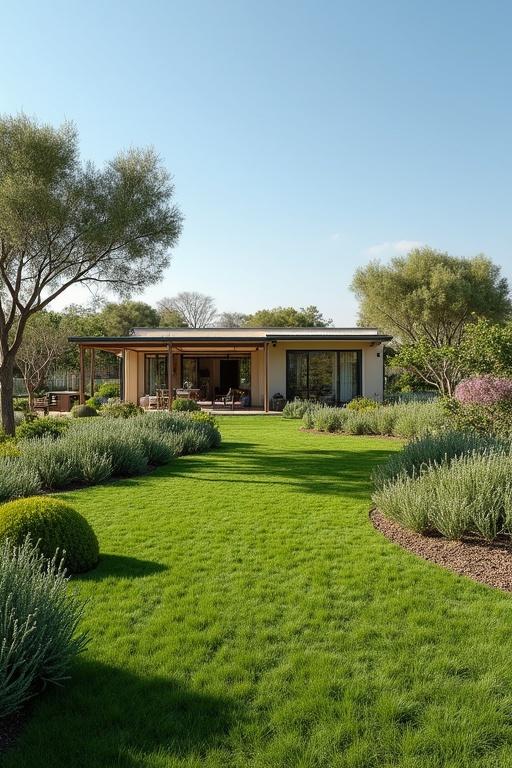 Visual of a 1 hectare farm land in Namibia featuring a greenhouse for vegetables, a modern house, a water storage area, and a playground surrounded by lush green grass.