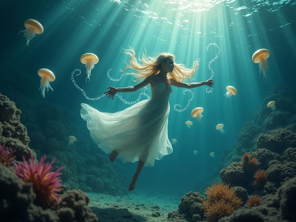 A girl floats gracefully underwater. Flowing long blonde hair dances in the water. Luminous skin glows in sunlight. Around her are glowing jellyfish and coral reefs. Sunrays penetrate the water's surface, creating a peaceful and dreamlike mood.