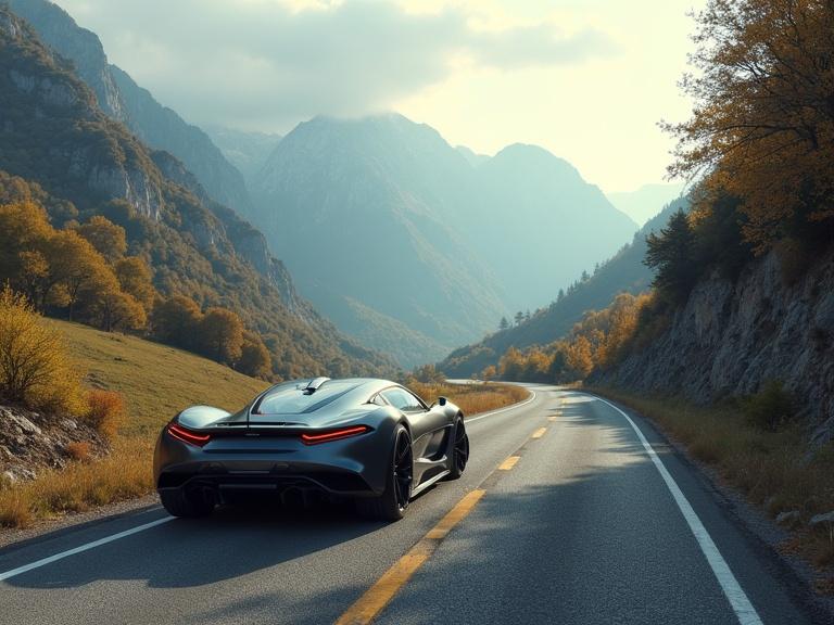 Image features a futuristic car driving through an old mountain road surrounded by nature. The car is positioned on a winding road with mountains and trees in the background.