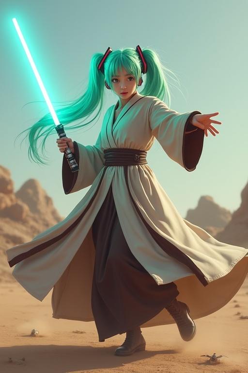 Adult Hatsune Miku dressed in a Jedi robe holding a turquoise lightsaber. She is dancing on a battlefield with a vibrant pose.
