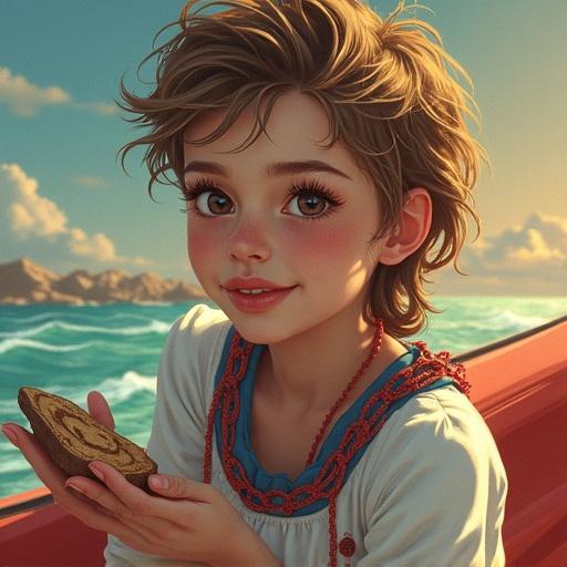 A young girl with short, messy hair smiles while holding a handmade item in a boat by the sea. Bright colors depict a cheerful scene. Her outfit is casual with a colorful background of ocean waves.