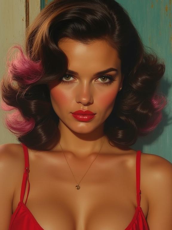 Striking image featuring a tanned brunette woman. Hair has pink tips. Artwork blends classical painting techniques with vintage advertising aesthetics. Chiaroscuro lighting adds depth.