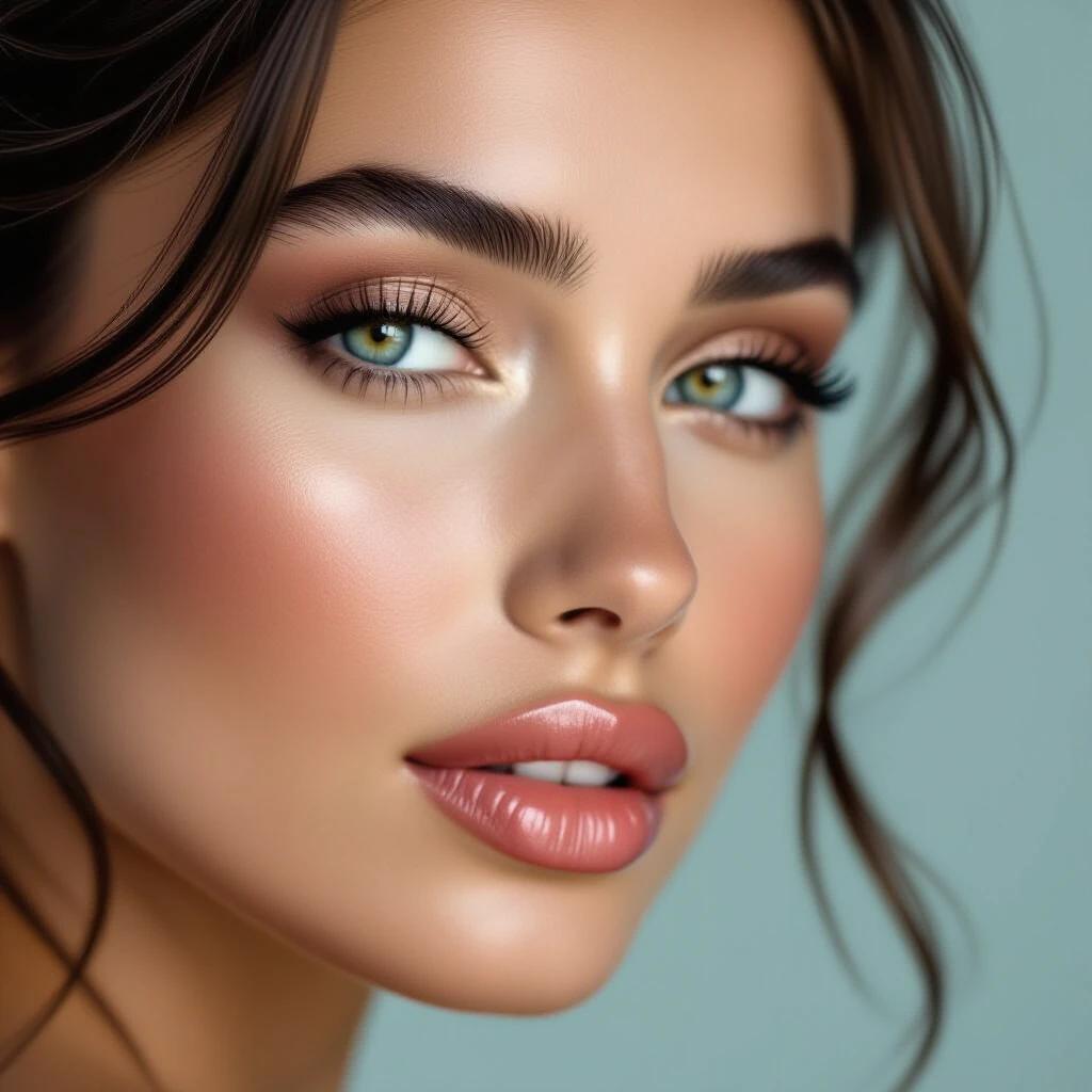 Portrait of a beautiful woman with soft brown hair and a warm smile. Close-up angle showcasing natural beauty and elegance.
