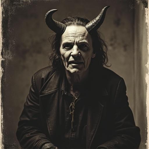 Promo photo for a British movie about devil worship from the 1970s. A worn appearance with creases and a faded look. Sinister mood depicted through lighting and expression.