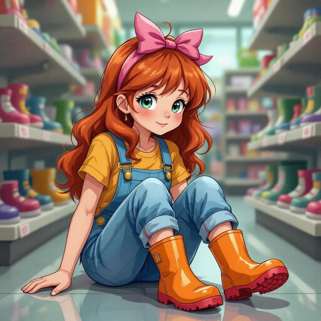 A young girl with red hair and a pink bow tries on orange wellies. She's wearing blue overalls and sitting in a shoe store filled with colorful shoes. The background shows shelves full of footwear. The overall mood is playful and vibrant.