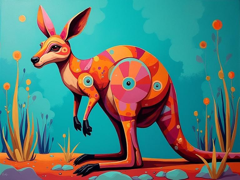 Navajo inspired abstract painting featuring a 3D kangaroo with a vibrant color palette dominated by turquoise hues. The artwork presents a stylized kangaroo in an artistic manner with elements representing Navajo culture.