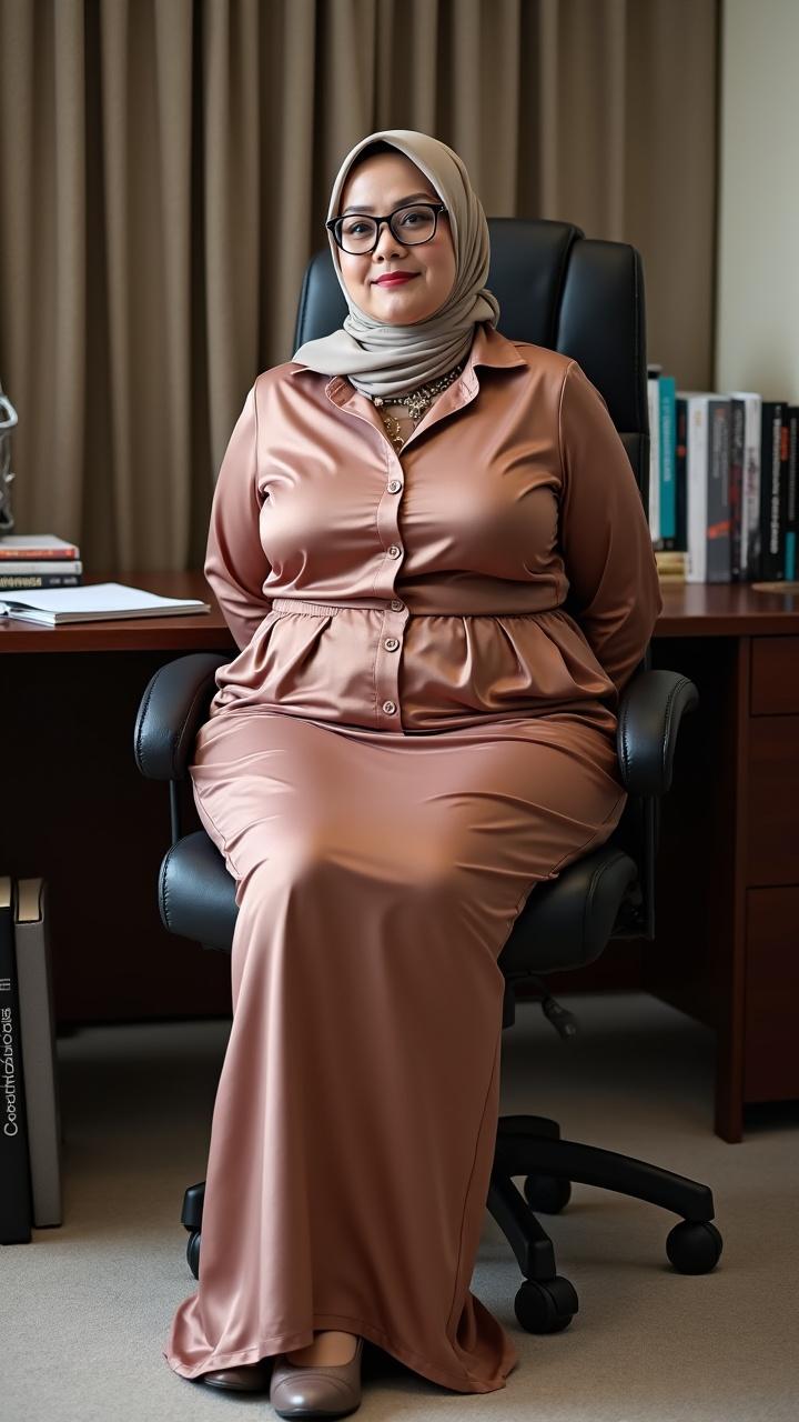 A professional woman in a hijab sitting comfortably in an office chair, exuding confidence and approachability, with a neatly organized desk in the background.