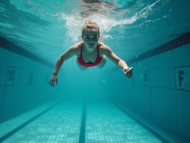 A young woman in a red swimsuit diving underwater in a misty blue pool. Gentle ripples and faint shapes swirl around her. The scene evokes themes of escape, resilience, and coming-of-age.