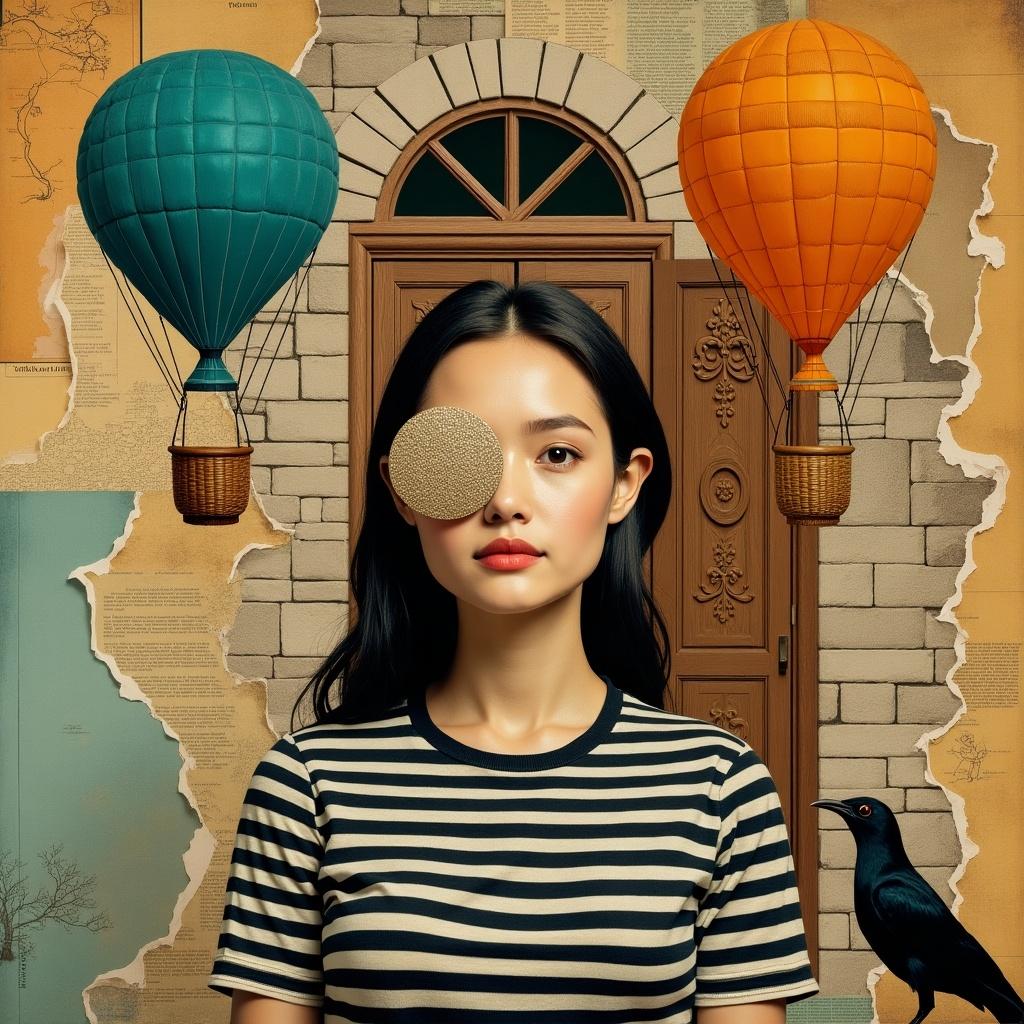 Artwork presents a collage-style scene featuring a female figure in a black-and-white striped shirt. She is surrounded by hot air balloons in teal and orange against a textured backdrop of layered papers and patterns. The composition evokes feelings of adventure and nostalgia with geometric shapes and whimsical elements interacting in a surreal manner.