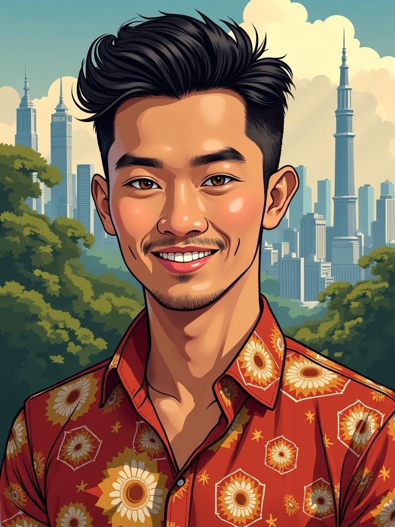 Portrait of a handsome Malaysian man. Unique cultural features and charm. Sharp facial structure. Warm brown eyes. Smooth tan complexion. Incorporating traditional Malaysian fashion with modern style. Confident friendly demeanor. Background reflects Malaysia's vibrant culture.