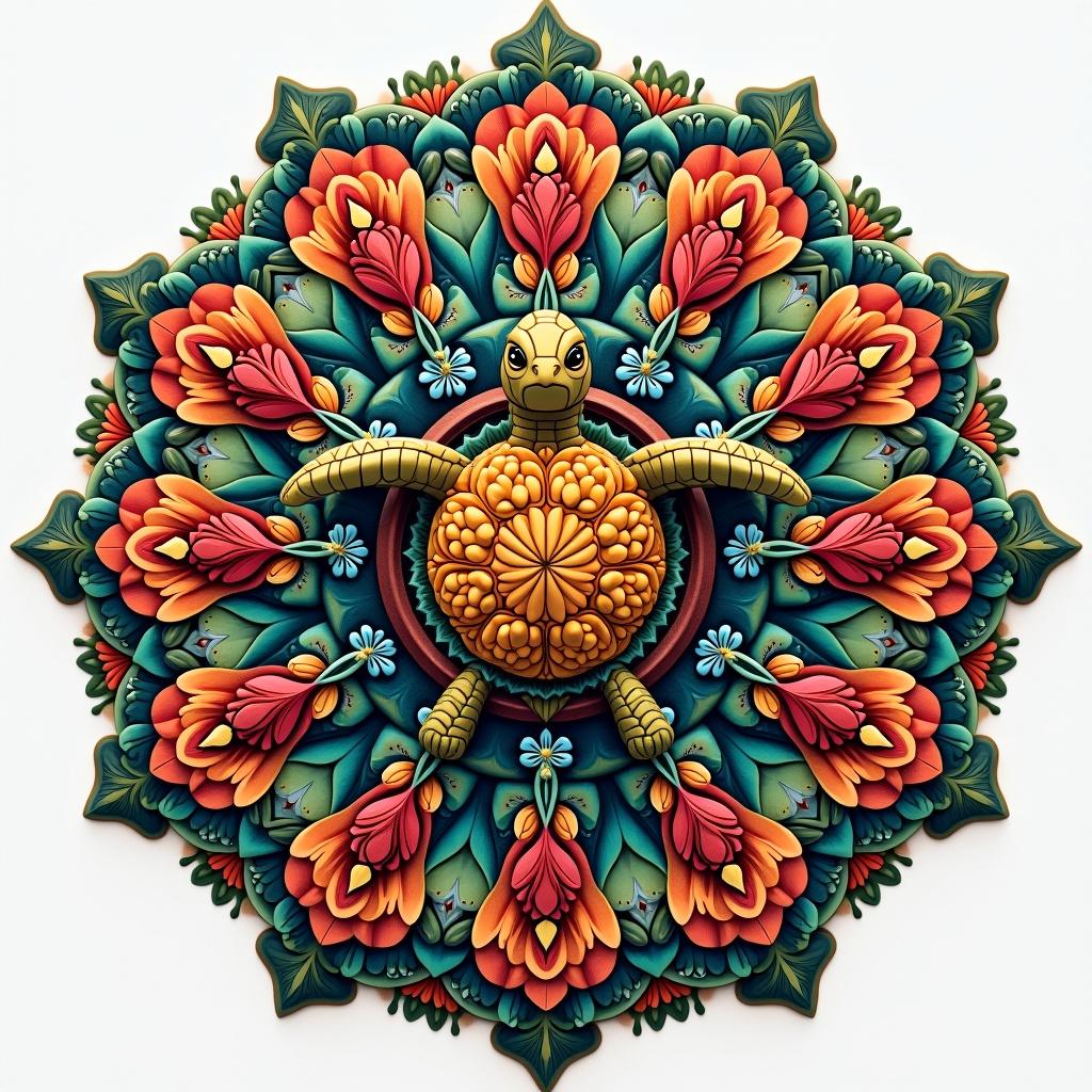 A vibrant flower mandala features a turtle at the center. Surrounding the turtle are intricately designed flowers and leaves. The word g-ma is included in the design.